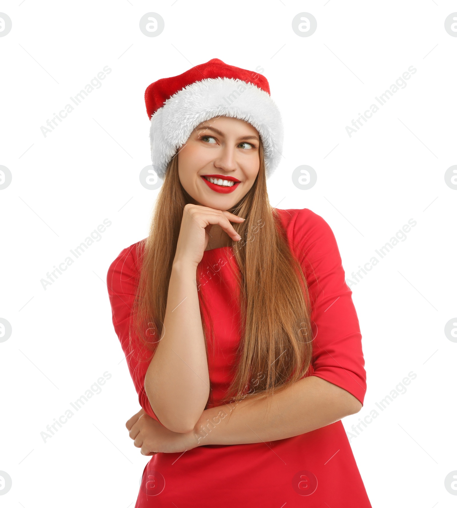 Photo of Young beautiful woman in Santa hat on white background. Christmas celebration