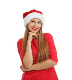 Photo of Young beautiful woman in Santa hat on white background. Christmas celebration