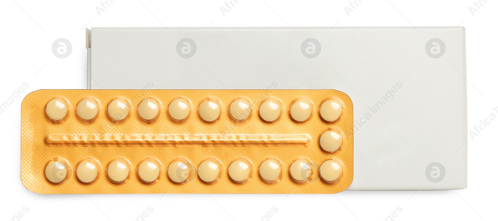 Photo of Birth control pills on white background, top view