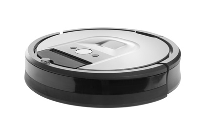 Modern robotic vacuum cleaner isolated on white