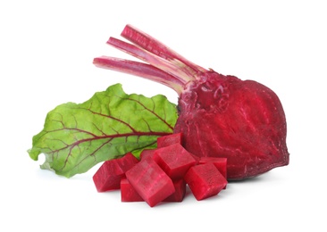 Photo of Cut fresh red beet with leaves on white background