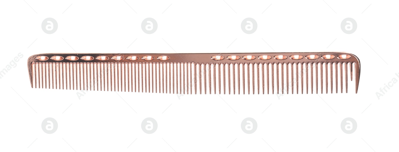 Photo of New plastic hair comb isolated on white, top view