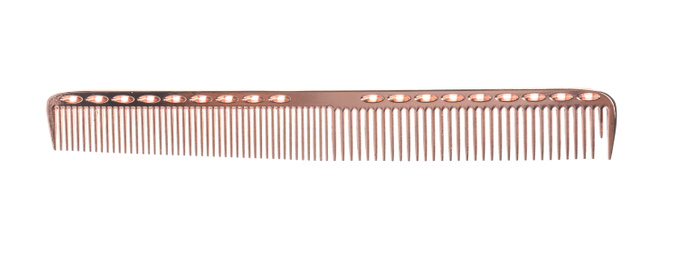 New plastic hair comb isolated on white, top view