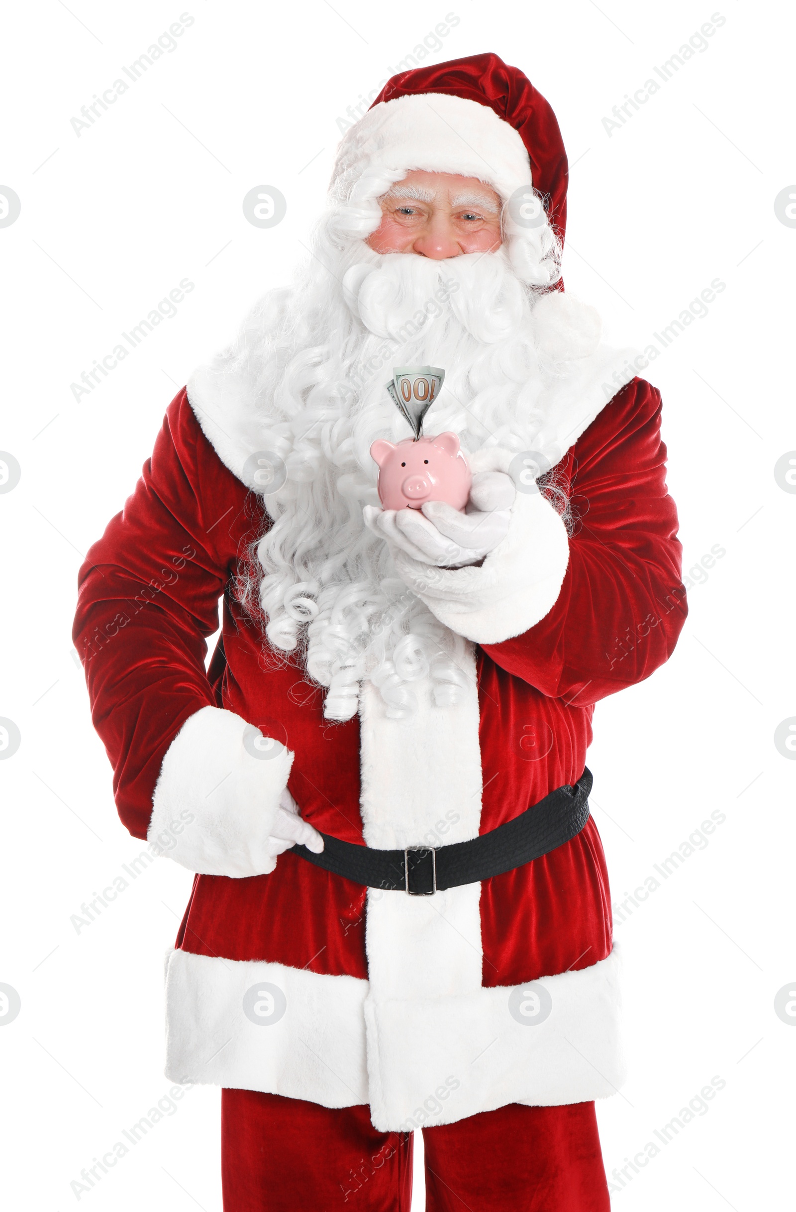 Photo of Santa Claus holding piggy bank with dollar banknotes on white background