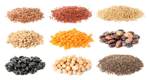 Image of Set with different legumes, grains and seeds on white background, banner design. Vegan diet