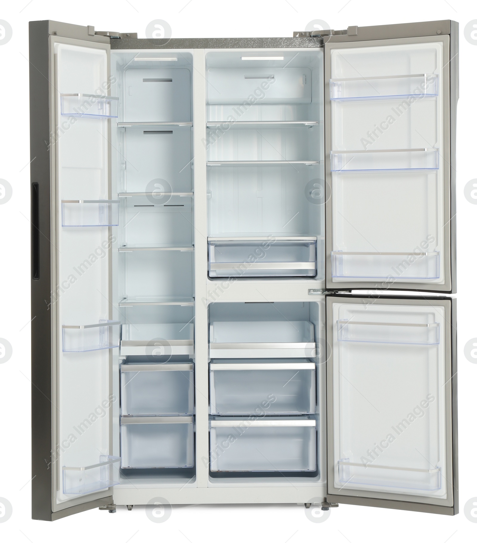 Photo of Empty stainless steel refrigerator isolated on white