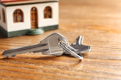 Keys on wooden table. Real estate agent services