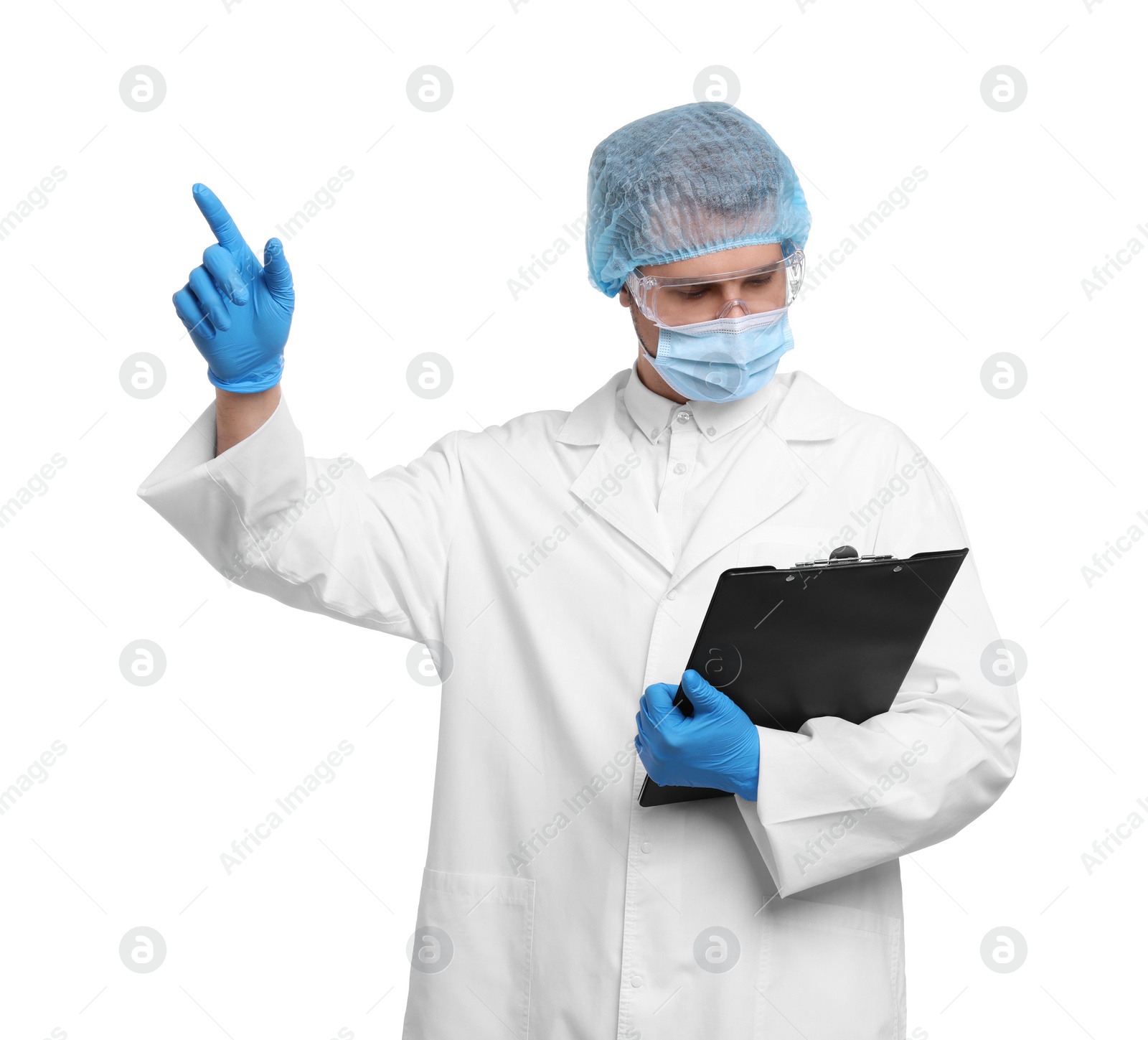 Photo of Quality control. Food inspector with clipboard on white background