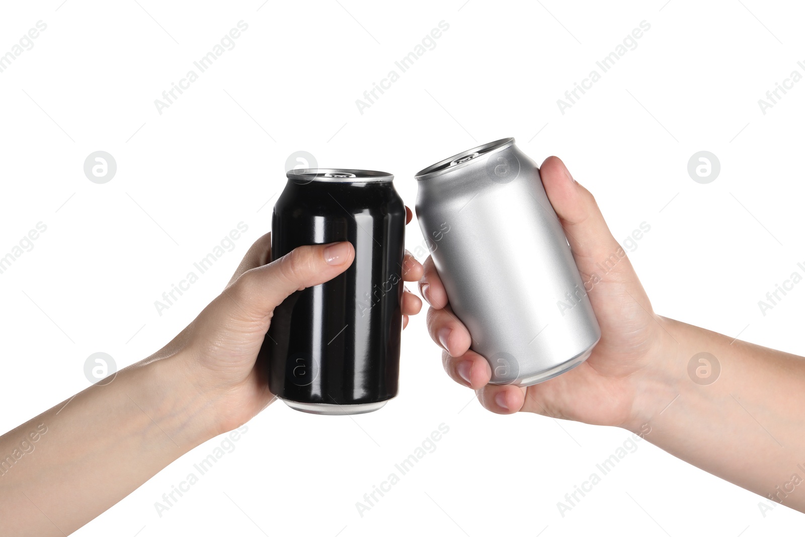 Photo of Friends clinking different cans on white background, closeup