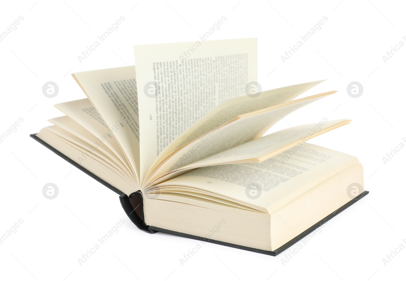 Photo of Open black hardcover book isolated on white
