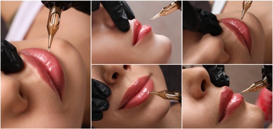 Image of Collage with different photos of women undergoing permanent lip makeup. Banner design