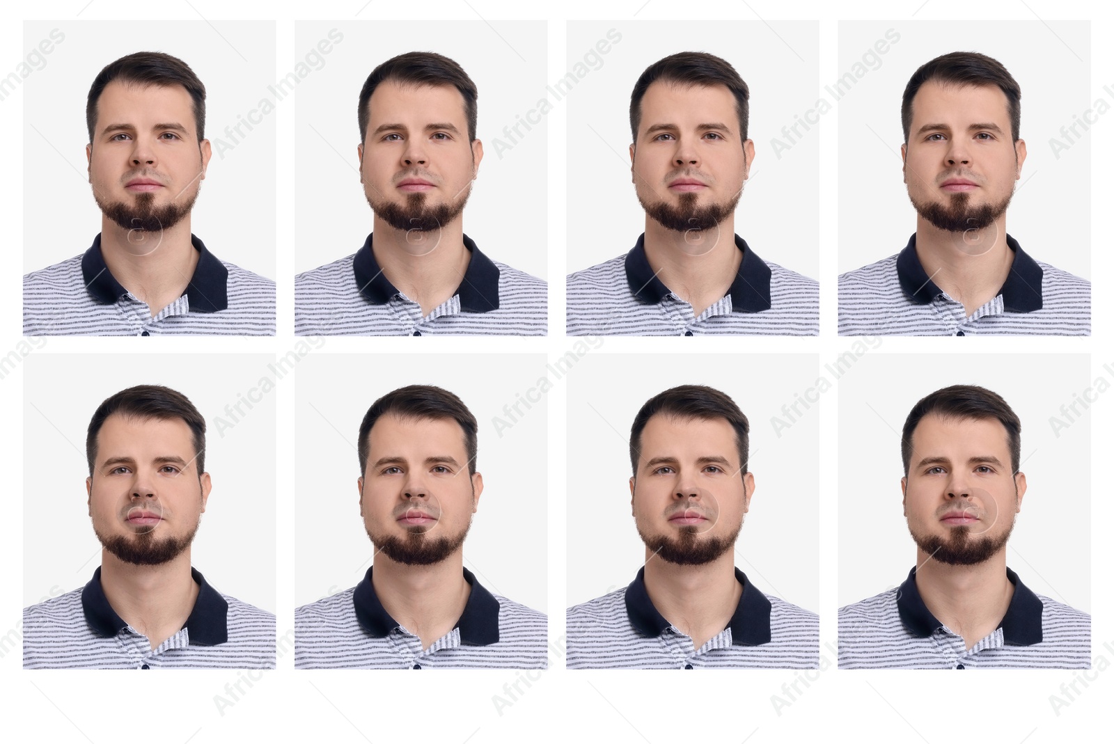 Image of Passport photo, collage. Man on white background, set of photos