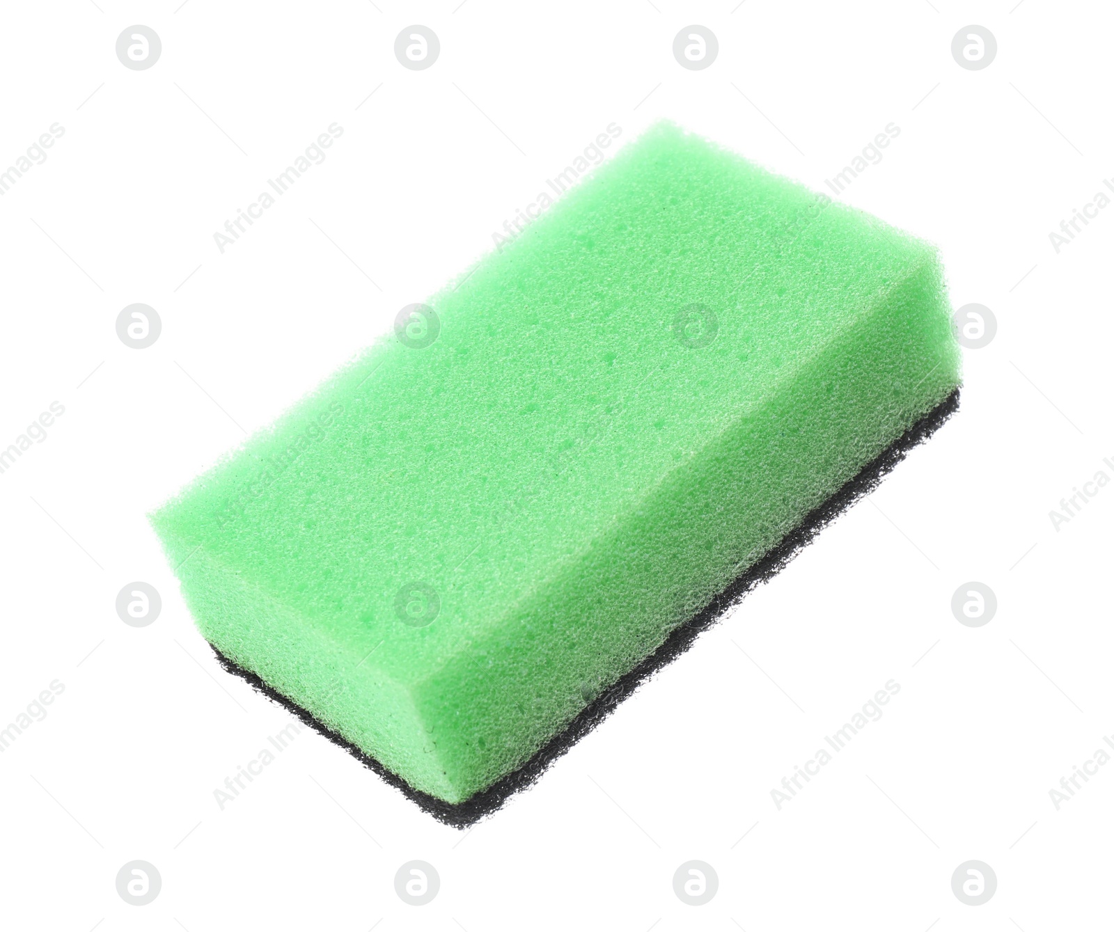 Photo of Green cleaning sponge with abrasive black scourer isolated on white