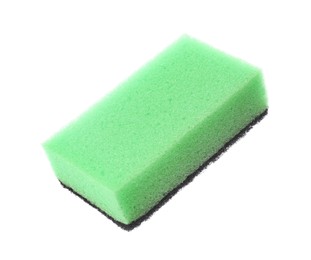 Green cleaning sponge with abrasive black scourer isolated on white