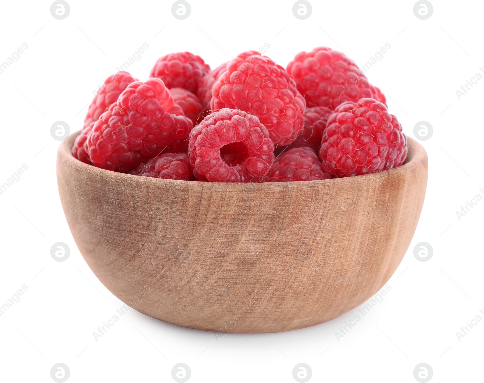 Photo of Delicious fresh ripe raspberries in wooden bowl isolated on white