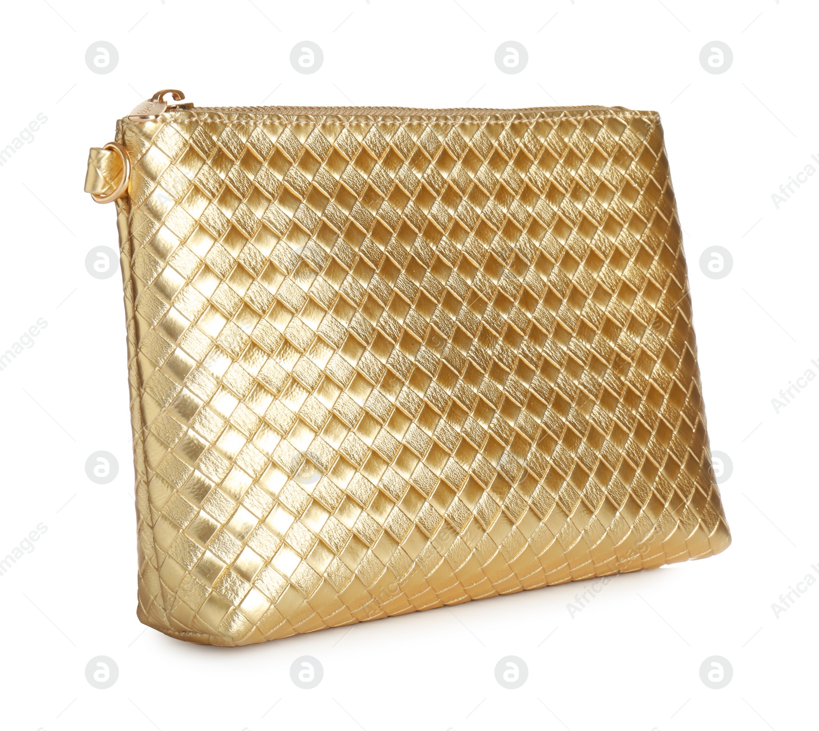 Photo of Elegant gold cosmetic bag isolated on white