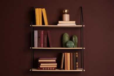 Shelves with different books, lamp and ceramic cacti on brown wall