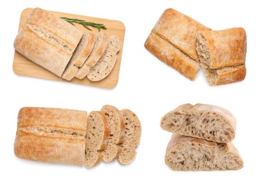 Image of Set with fresh delicious ciabattas on white background, top view