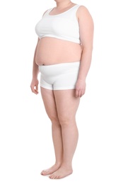 Photo of Overweight woman on white background, closeup. Weight loss