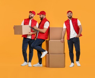 Delivery service. Happy courier with cardboard boxes on orange background, collage of photos