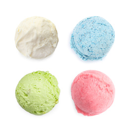 Image of Set with scoops of different ice creams on white background