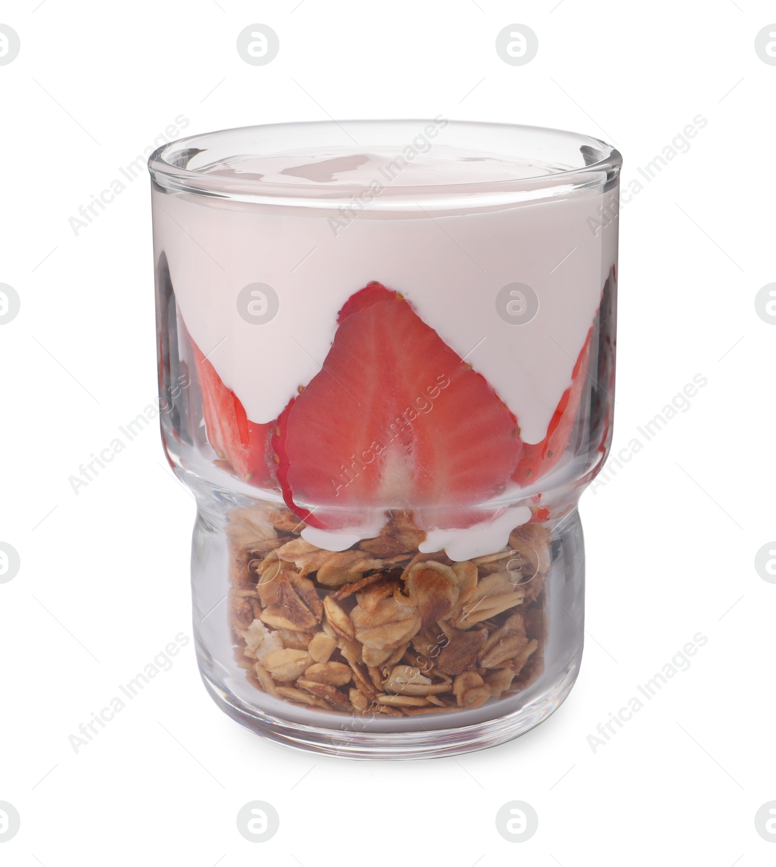Photo of Glass of tasty yogurt with muesli and strawberries isolated on white