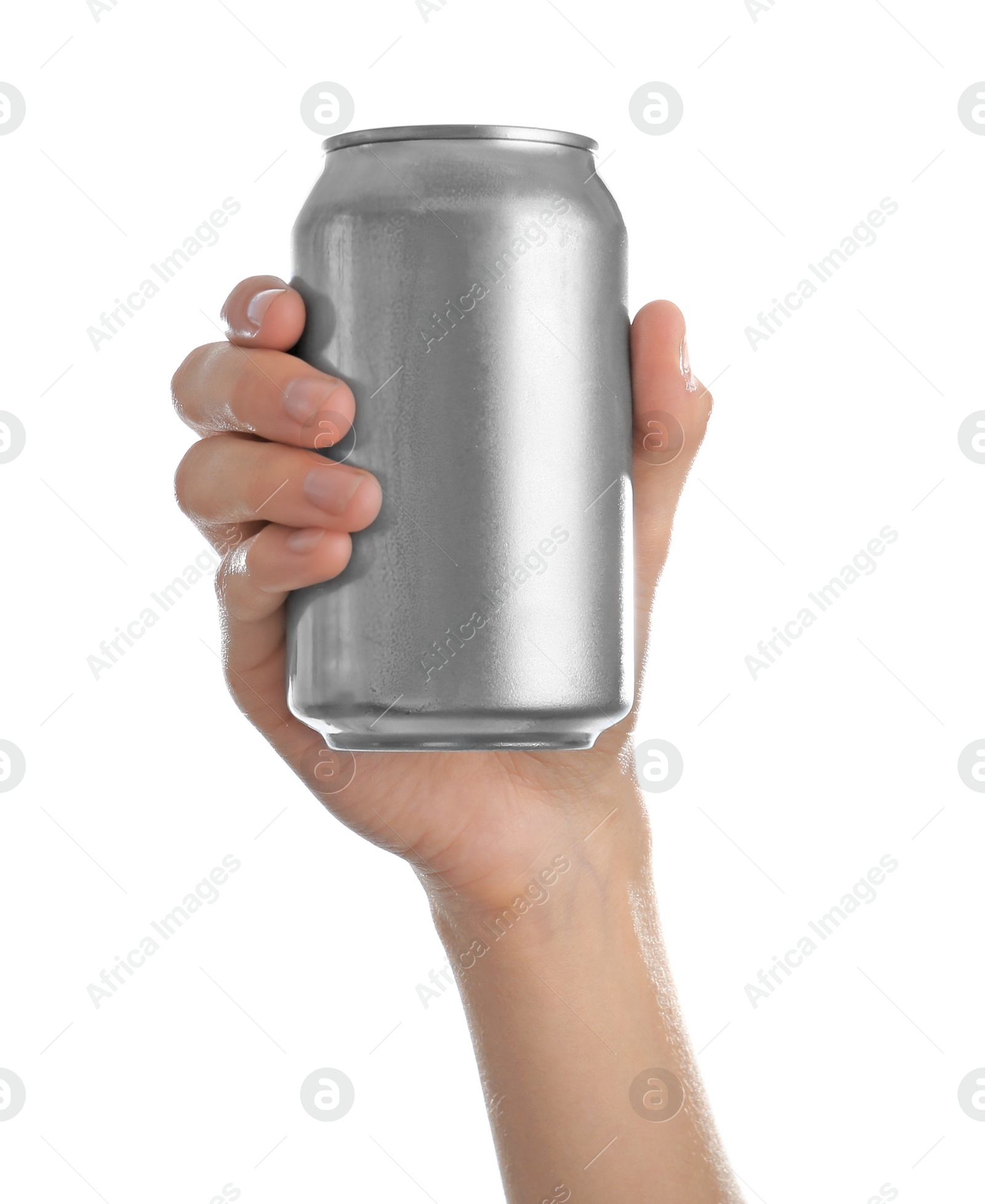 Photo of Woman holding aluminum can with beverage on white background