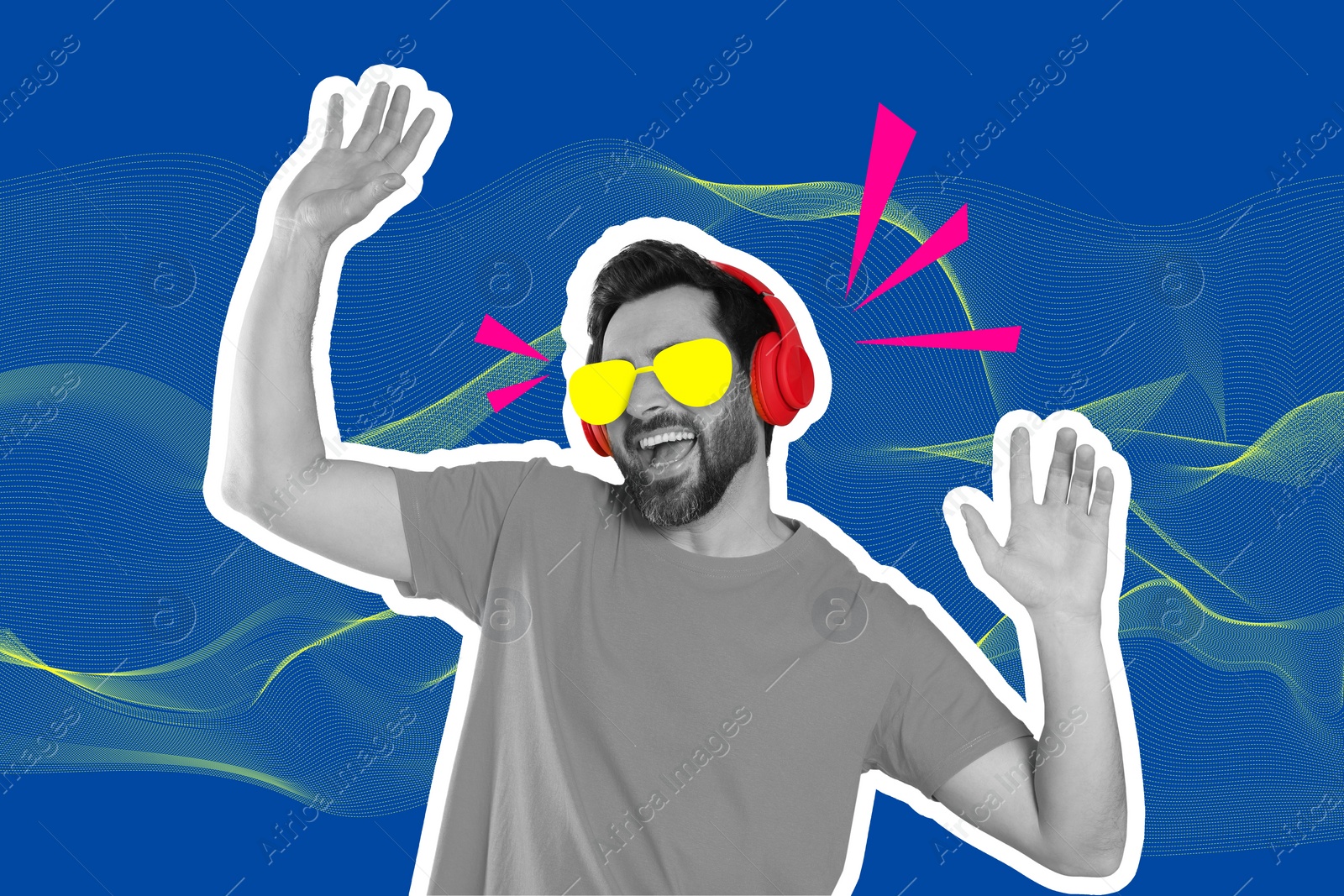 Image of Man in drawn sunglasses dancing on bright background, creative collage. Stylish art design