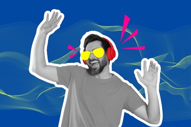 Man in drawn sunglasses dancing on bright background, creative collage. Stylish art design