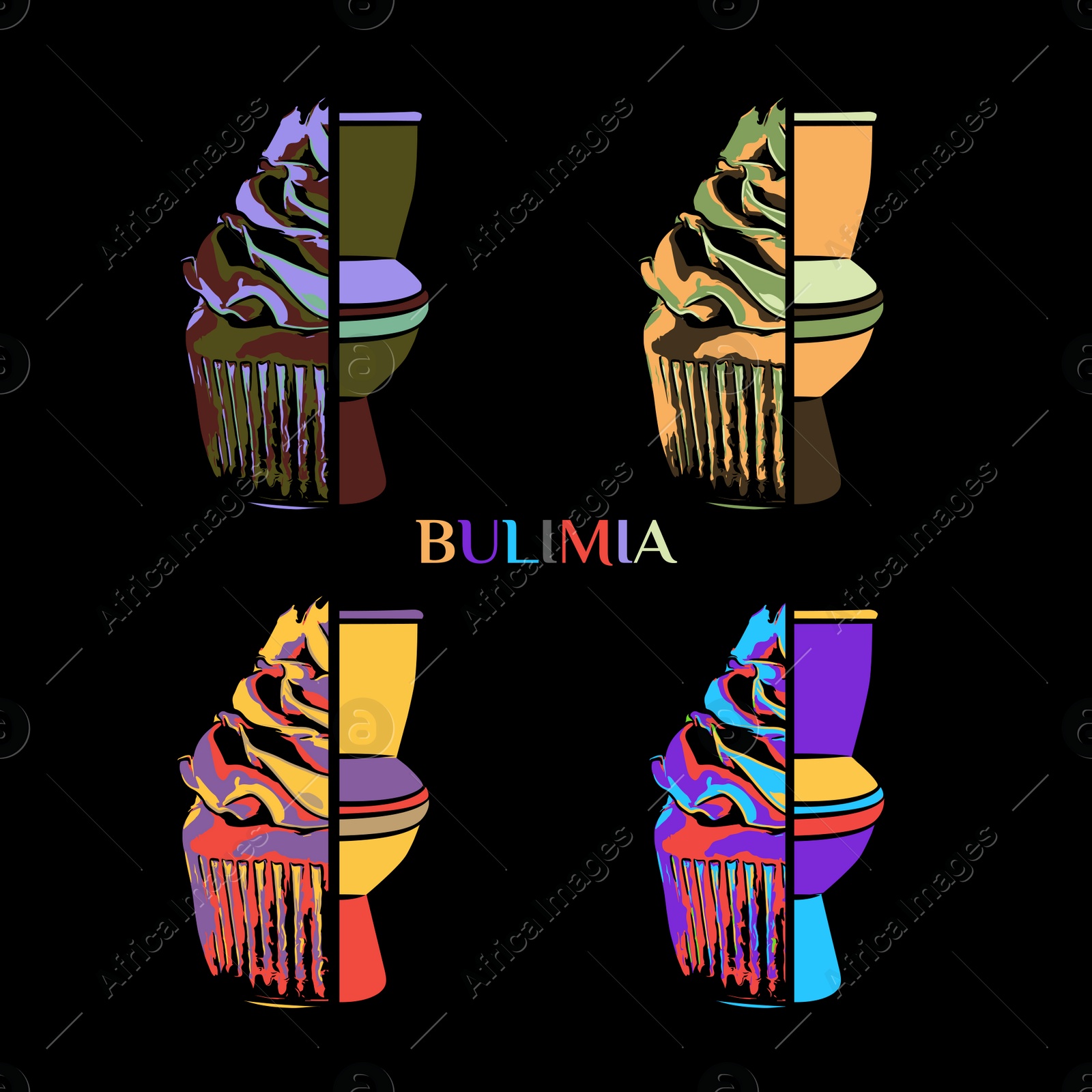 Illustration of Bulimia - eating disorder. Collage with illustrations of cupcakes and toilet bowls on black background