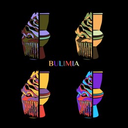 Illustration of Bulimia - eating disorder. Collage with illustrations of cupcakes and toilet bowls on black background