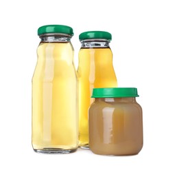 Photo of Baby food in jar near bottles of juice on white background