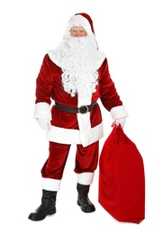 Authentic Santa Claus with bag full of gifts on white background