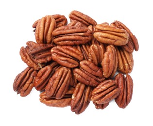 Photo of Tasty pecan nuts isolated on white, top view