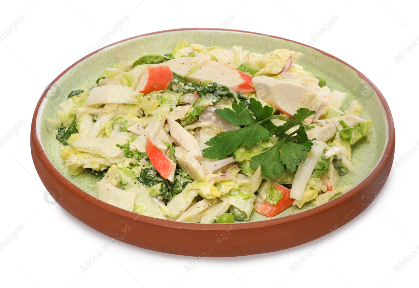 Photo of Delicious salad with Chinese cabbage, crab sticks and parsley isolated on white