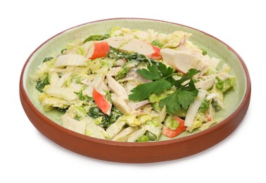 Photo of Delicious salad with Chinese cabbage, crab sticks and parsley isolated on white