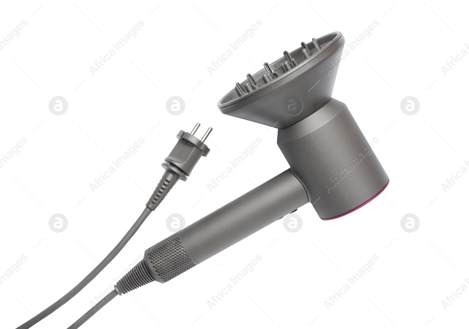 Photo of Modern hair dryer on white background, top view