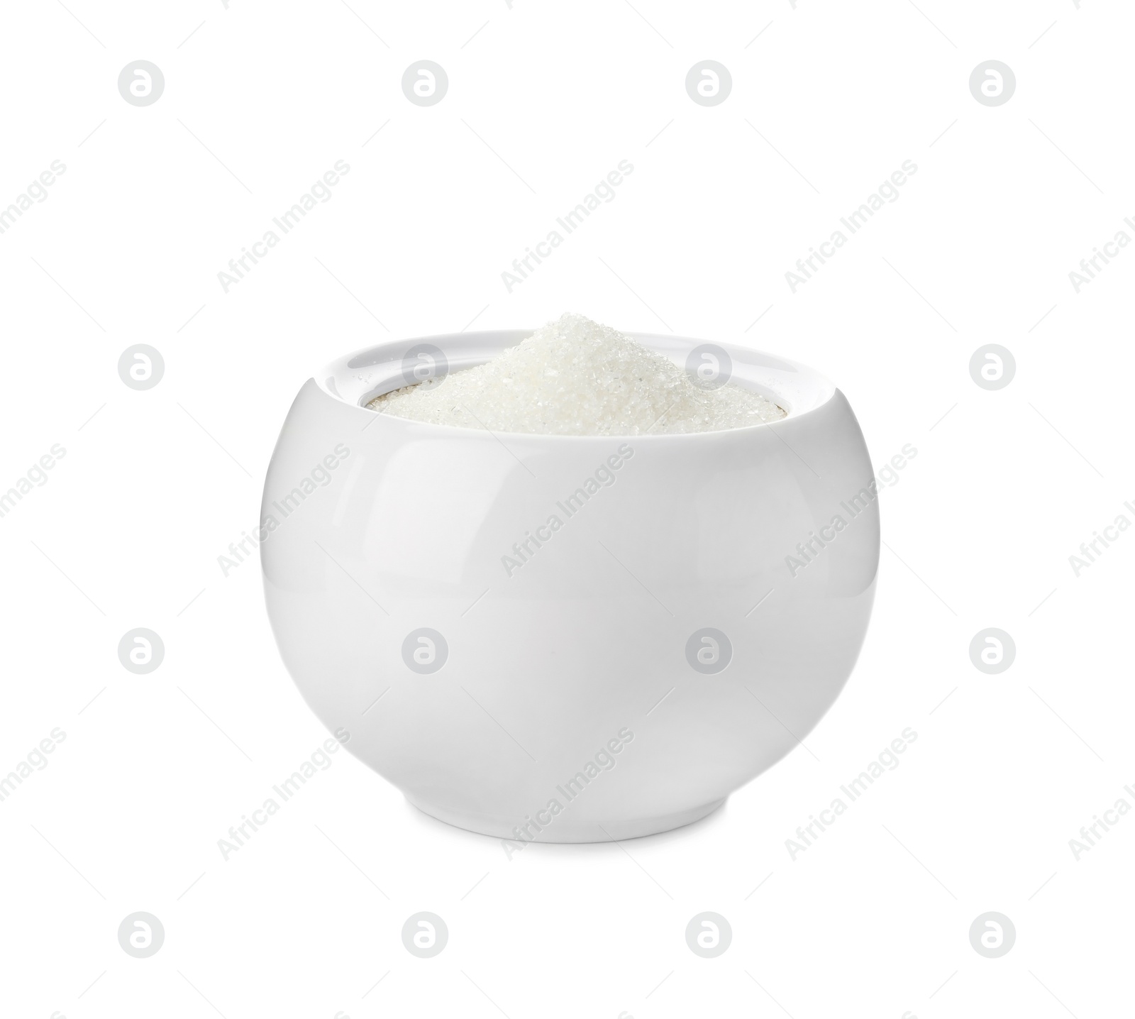 Photo of Ceramic bowl with sugar isolated on white