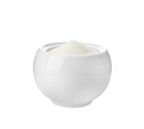 Photo of Ceramic bowl with sugar isolated on white