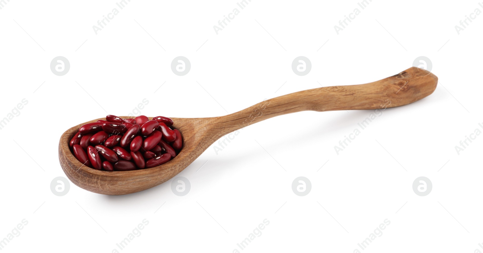 Photo of Wooden spoon with raw red kidney beans isolated on white