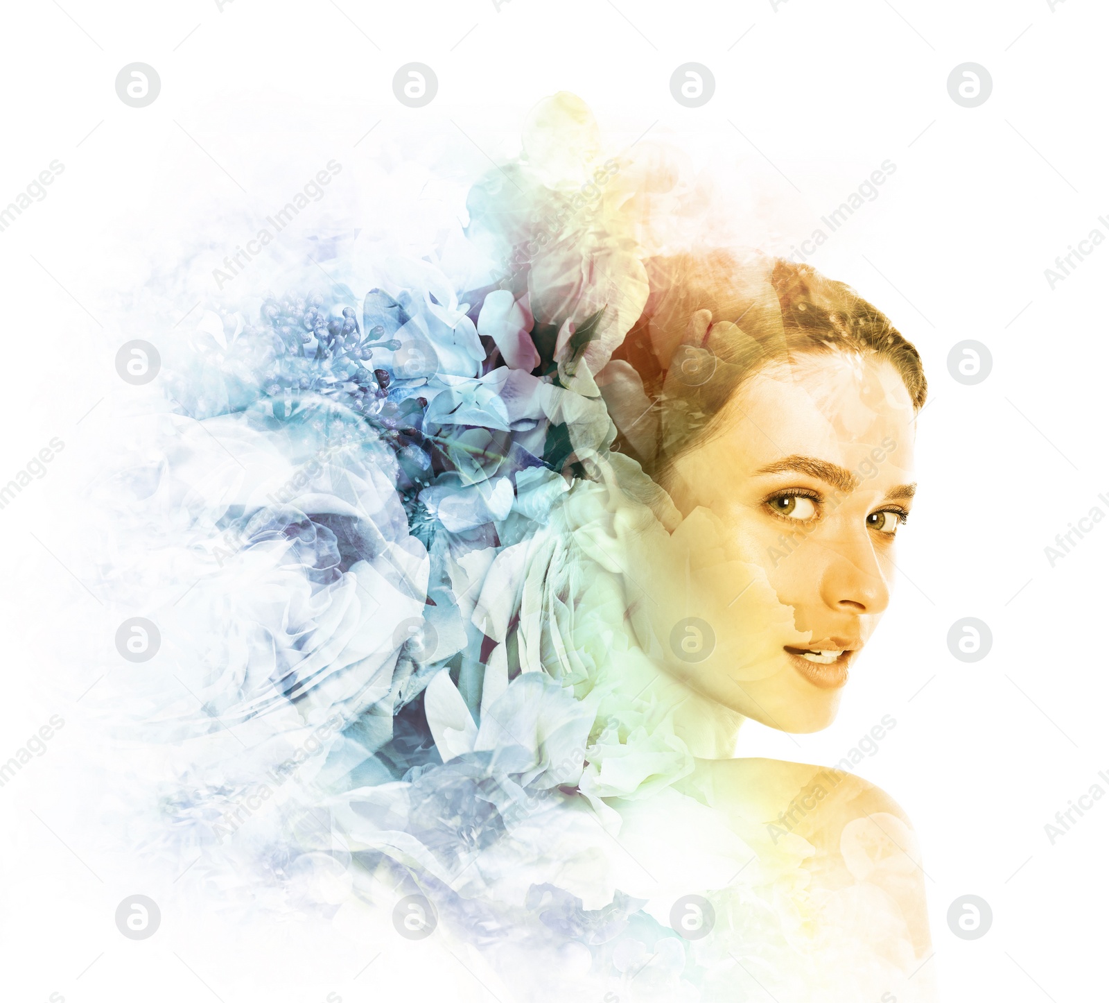 Image of Double exposure of beautiful woman and blooming flowers