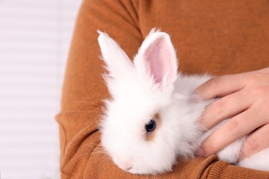 Photo of Man with fluffy white rabbit, closeup. Cute pet