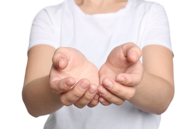 Photo of Woman against white background, closeup on hands