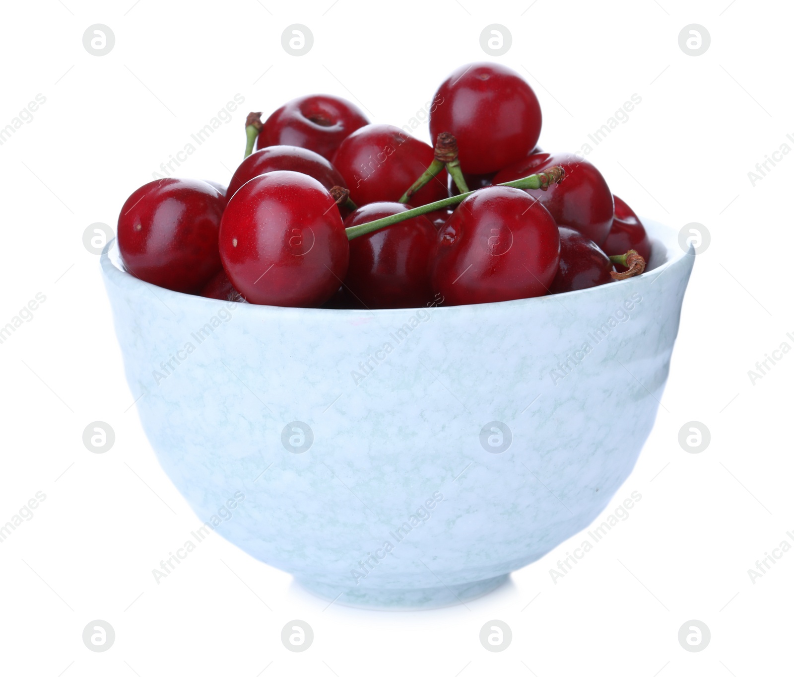 Photo of Sweet juicy cherries in bowl isolated on white