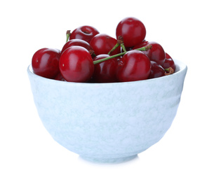 Sweet juicy cherries in bowl isolated on white