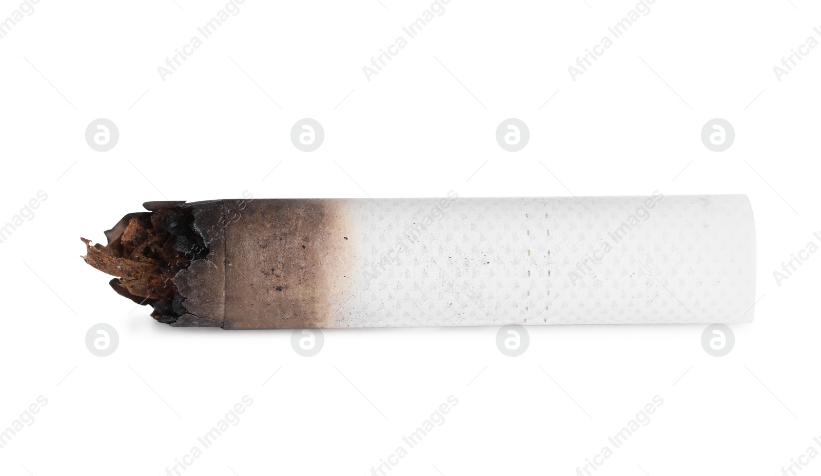 Photo of One burnt cigarette butt isolated on white