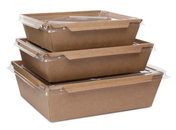Stacked paper containers for food on white background