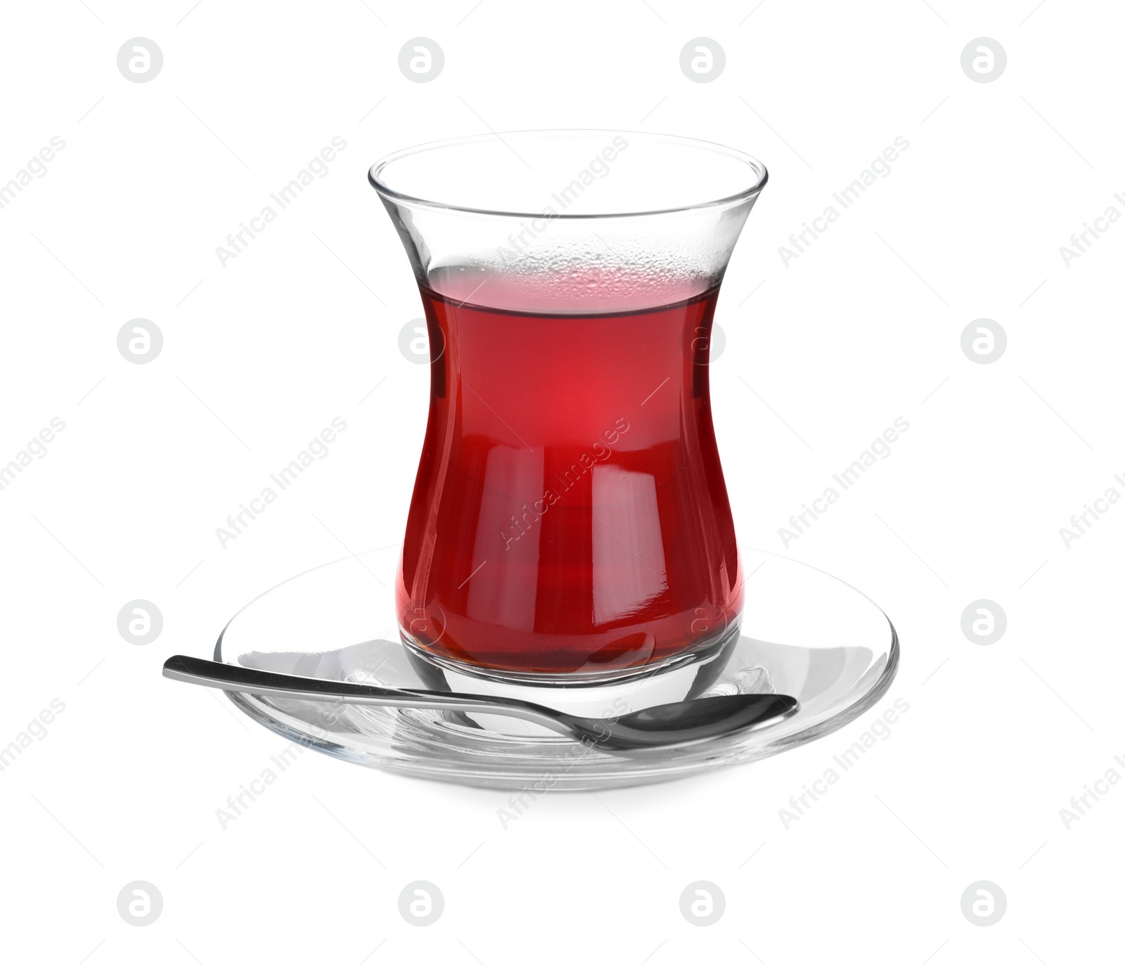 Photo of Glass with traditional Turkish tea isolated on white