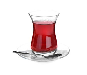 Photo of Glass with traditional Turkish tea isolated on white