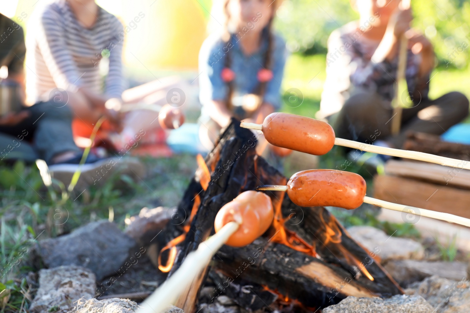 Photo of Frying sausages on bonfire, closeup. Summer camp